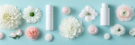 Soft pastel flowers complement neatly arranged cosmetic products, creating a serene atmosphere that highlights organic beauty.の素材