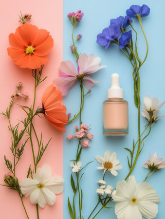 A gentle arrangement of pastel flowers paired with organic cosmetic products, showcasing a serene and natural beauty aesthetic.の素材