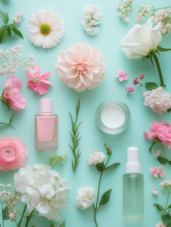 Soft pastel flowers complement a selection of organic cosmetic products, creating a serene and natural beauty arrangement.の素材