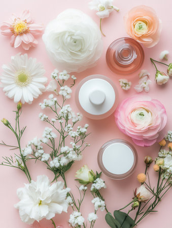 Pastel flowers beautifully complement an array of cosmetic products, creating a serene and organic atmosphere of natural beauty.の素材