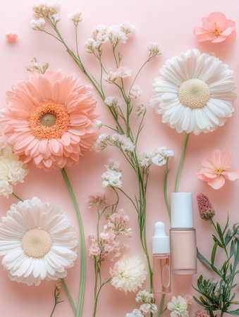 Pastel flowers and cosmetic products are neatly arranged, showing an emphasis on natural beauty and soothing aesthetics.の素材