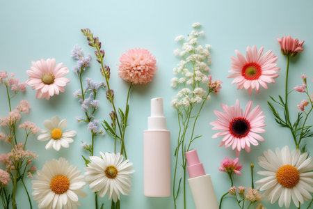 Soft pastel flowers are arranged alongside skincare products, creating a soothing aesthetic that emphasizes natural beauty and purity.の素材