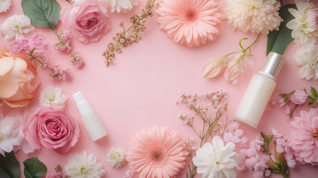 Pastel flowers and cosmetic items are harmoniously arranged on a soft pink backdrop, showcasing a theme of organic beauty.の素材