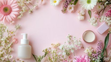 Delicate pastel flowers surround an array of organic cosmetic products, creating a calming atmosphere that highlights natural beauty.の素材
