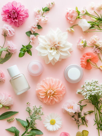 Delicate pastel flowers surround various natural beauty products, creating a harmonious and tranquil atmosphere emphasizing purity.の素材