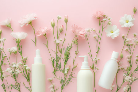 A serene arrangement of pastel flowers and natural cosmetic products creates a calming atmosphere emphasizing beauty and purity.の素材