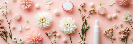 Pastel flowers beautifully complement natural cosmetic products in a serene layout showing organic beauty essentials.の素材