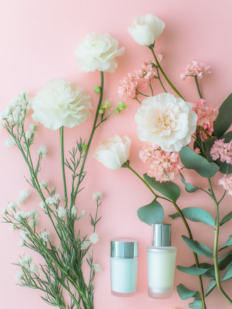 Delicate pastel flowers accompany natural cosmetic products, creating a serene arrangement that embodies organic beauty.の素材