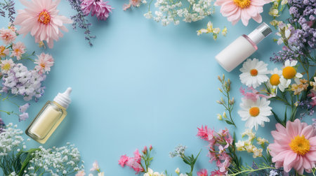 Pastel flowers complement organic cosmetics arranged with care against a soft blue background, emphasizing natural beauty.の素材