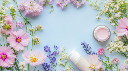 Delicate pastel flowers surround neatly arranged cosmetic products, reflecting a serene and organic beauty theme with soft colors.の素材