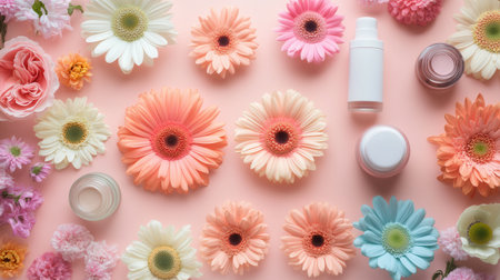 Pastel flowers are beautifully arranged alongside organic cosmetic products, creating a serene and harmonious atmosphere of natural beauty.の素材