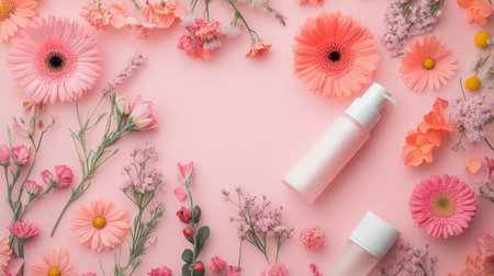 Soft pastel flowers are beautifully arranged alongside cosmetic products on a calming pink background, celebrating natural purity.の素材