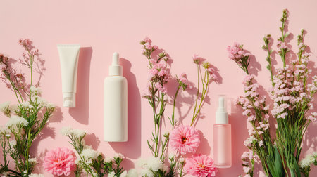 Delicate pastel flowers accompany an array of natural cosmetic products on a calming pink backdrop, emphasizing organic beauty.の素材