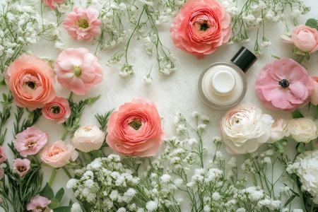 Pastel flowers accompany carefully arranged beauty products, creating a serene and organic display that emphasizes natural purity.の素材
