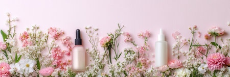 Delicate pastel flowers are beautifully arranged alongside organic cosmetic products against a soft, calming background that radiates purity.の素材