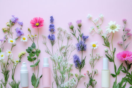 Pastel flowers complement organic cosmetic products, creating a serene display of natural beauty and purity against a calming backdrop.の素材