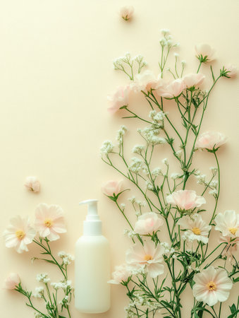 Pastel flowers complement natural cosmetic products, creating a serene atmosphere that evokes feelings of organic purity and tranquility.の素材