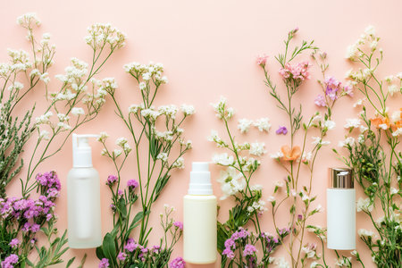 Cosmetic products are placed beside pastel flowers, creating a tranquil arrangement that highlights organic beauty and purity.の素材