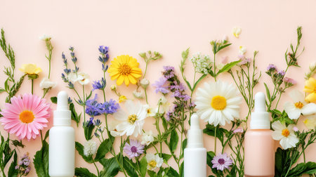 Cosmetic products are arranged next to pastel flowers, creating a harmonious atmosphere that highlights organic and natural beauty.の素材