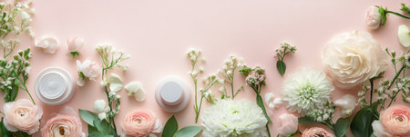 Pastel flowers surround neatly placed cosmetic products, creating a serene atmosphere that embodies natural beauty and tranquility.の素材