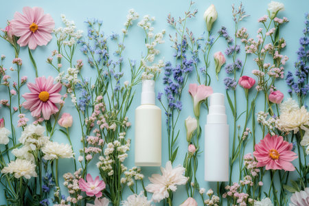 Pastel flowers surround neatly arranged cosmetic products, embodying organic beauty and a tranquil, natural aesthetic.の素材