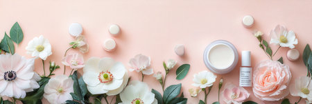 Pastel flowers surround carefully arranged organic products, highlighting a tranquil atmosphere of natural purity and beauty.の素材