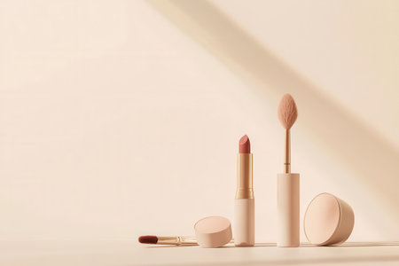 Cosmetic products including a lipstick, makeup brushes, and a powder sit in a minimalist layout on a light background, emphasizing simplicity.の素材