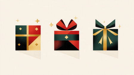 These colorful minimalist Christmas gift boxes showcase bold geometric designs, adorned with bright ribbons and bows, ready for celebration.の素材