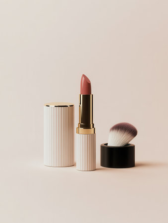 Cosmetic products beautify a light background, showcasing lipstick, makeup brushes, and powder in a clean, simple layout.の素材