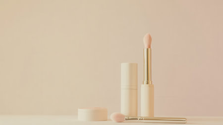 A neat arrangement showcases lipstick, powder, and brushes on a soft light background, perfect for a beauty-focused setting.の素材