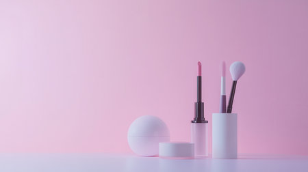 A minimalist features display lipstick, makeup brushes, and powder against a soft pink background, showing essential beauty products.の素材