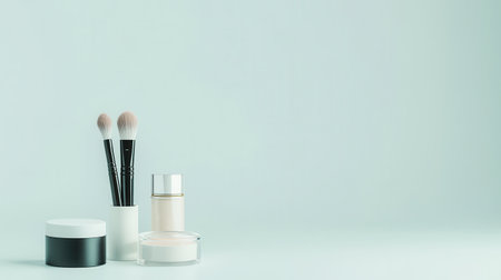 A minimalist features display essential cosmetic products like lipstick, brushes, and powder organized neatly on a light background.の素材