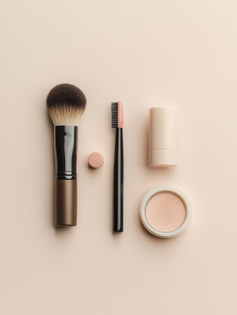 Cosmetic products including a lipstick, makeup brushes, and powder are arranged neatly on a light background, showing simplicity in beauty.の素材