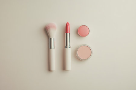 A carefully arranged set of cosmetic products includes a pink lipstick, makeup brushes, and powder on a light-colored surface.の素材