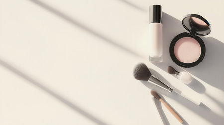 A collection of cosmetic items including lipstick and makeup brushes is arranged on a light background, enhanced by soft natural light.の素材