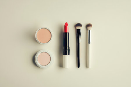 A neat features display lipstick, makeup brushes, and powders arranged on a soft, light background for a clean, stylish look.の素材