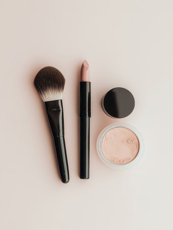 A beautifully arranged set of cosmetic products features a lipstick, makeup brushes, and powder against a light backdrop.の素材