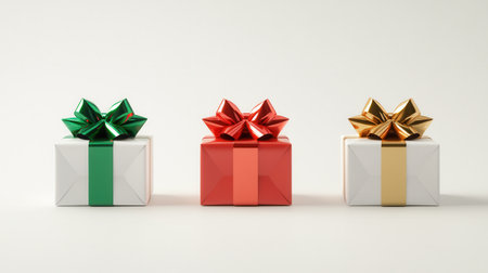 Three minimalist holiday gift boxes showcase geometric designs adorned with colorful ribbons and bows against a clean background.の素材