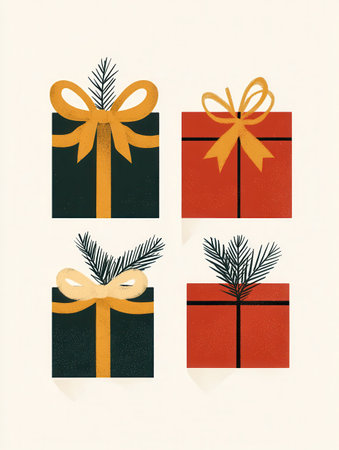 Colorful geometric gift boxes are tied with bright ribbons and adorned with pine sprigs, capturing a festive minimalist holiday spirit.の素材