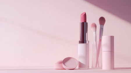 Cosmetic products are neatly arranged on a light background, showcasing lipstick, makeup brushes, and powder in a minimalist style.の素材