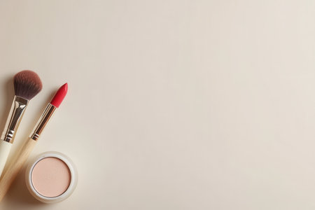 Cosmetic products are artfully arranged in a minimalist style, showcasing lipstick, brushes, and powder against a light backdrop.の素材