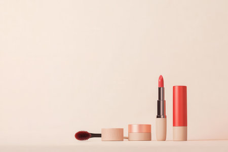 Cosmetic products are neatly arranged, showcasing a lipstick, makeup brushes, and powder on a serene light surface.の素材