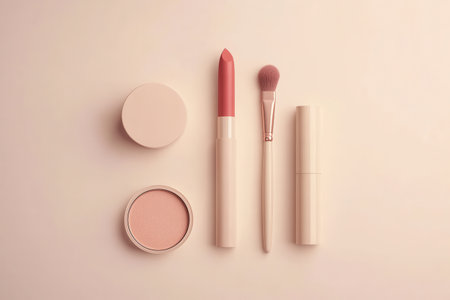 A curated selection of cosmetics includes a lipstick, brushes, and powder, neatly displayed on a soft, light-colored surface.の素材