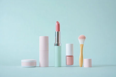 The arrangement showcases lipstick, makeup brushes, and powder in pastel packaging on a soft light background.の素材