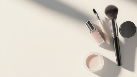 Cosmetic products are neatly arranged on a light background, showcasing brushes, lipstick, and powder in a minimalist style.の素材
