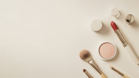 A stylish layout of cosmetics including lipstick, makeup brushes, and powder creates a sophisticated beauty display on a light background.の素材