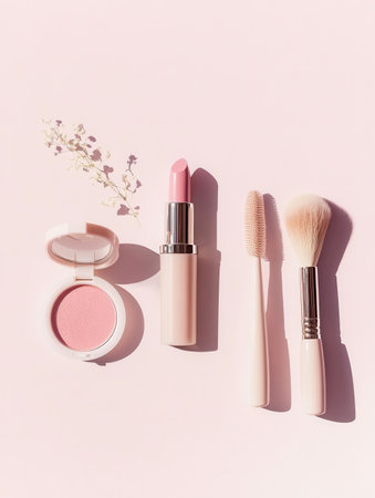 A minimalist features display essential cosmetic products including lipstick, powder, and brushes on a soft light background.の素材