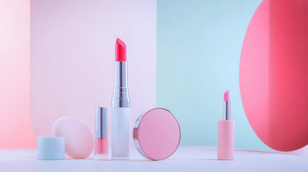 A stylish display of essential cosmetic products, including lipstick and brushes, arranged on a soft, light-colored background.の素材