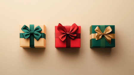 Three stylish Christmas gift boxes in geometric shapes feature vibrant ribbons, creating a cheerful and minimalist holiday display.の素材