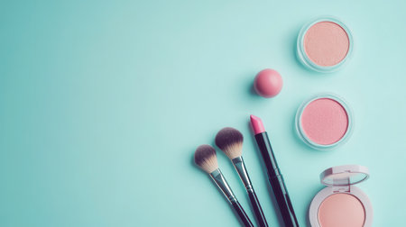 A stylish features display lipstick, makeup brushes, and powder, set against a light background, emphasizing modern beauty essentials.の素材